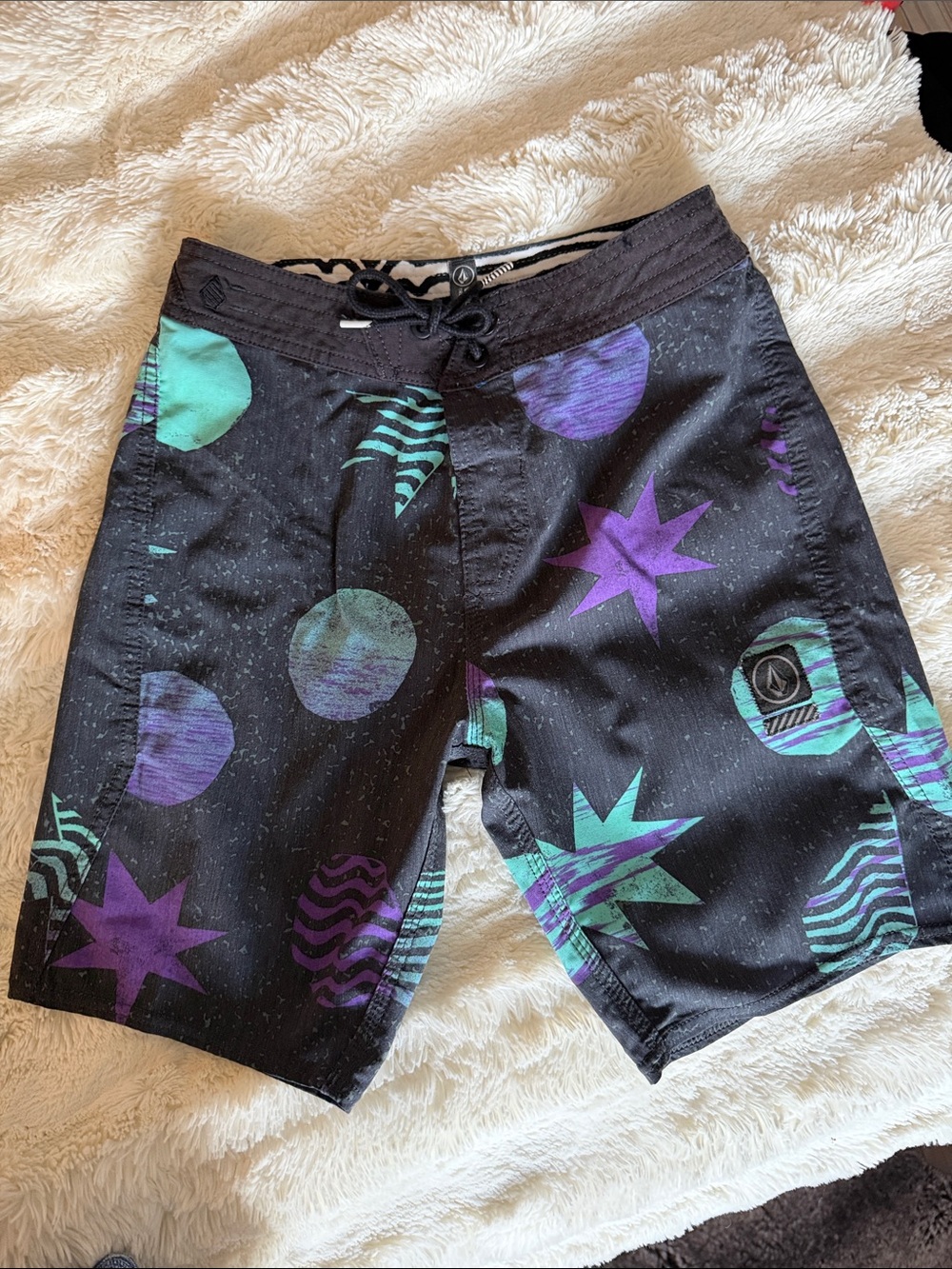 Teens Volcom Black Swim Board Shorts with Purple & Teal Graphic Print